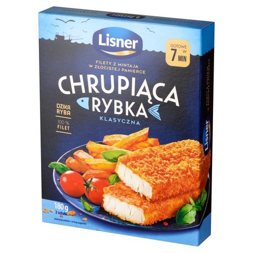 Niebieskie opakowanie Lisner Chrupiąca Rybka Klasyczna. Filety z mintaja w złocistej panierce, dzika ryba, 100% filet. Waga netto 180 g, 2 sztuki. Na froncie opakowania apetyczne zdjęcie dwóch panierowanych filetów z frytkami i świeżymi warzywami.
