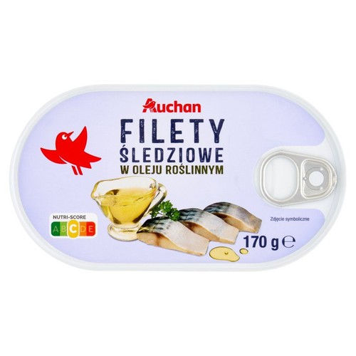 Puszka Auchan Filety Śledziowe w oleju roślinnym, 170 g. Etykieta z symbolicznym obrazem filetów i oleju.
