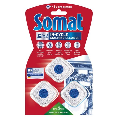 Opakowanie Somat 5in1 In-Cycle Machine Cleaner, 3 tabletki. Czyści, zwalcza tłuszcz i kamień, bez dodatkowego cyklu.