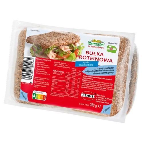 Opakowanie bułek proteinowych Mestemacher "the lifestyle-bakery", 260g. Produkt wegański, charakteryzujący się wysoką zawartością białka (3.4x więcej) i obniżoną zawartością węglowodanów (66% mniej).