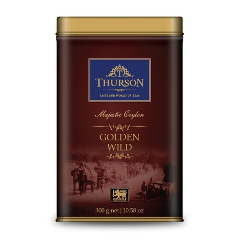 Puszka herbaty Thurson Majestic Ceylon Golden Wild, 300 g. Brązowe opakowanie ze złotym wieczkiem i grafiką.