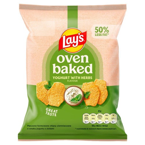 Paczka chipsów ziemniaczanych Lay's Oven Baked, 40g, smak jogurtu z ziołami. Zapewnia "świetny smak".