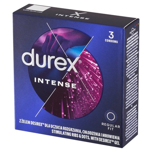 Prezerwatywy Durex Intense, 3 sztuki. Z żelem Desirex™ dla rozgrzewania, chłodzenia i mrowienia. Regularny krój.