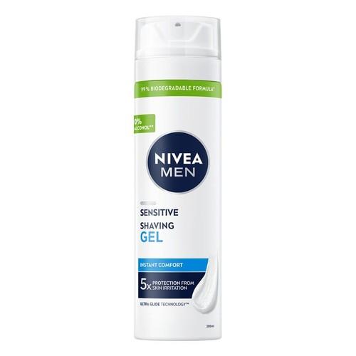 Nivea Men Sensitive Shaving Gel, 200 ml. 0% alkoholu, 99% biodegradowalna formuła.
