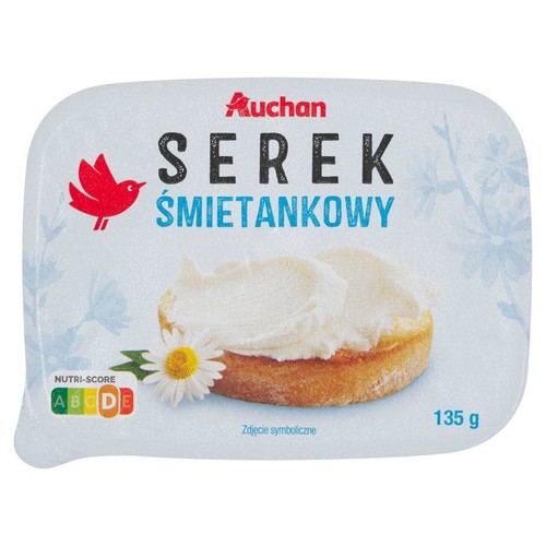 Opakowanie serka śmietankowego Auchan, 135 g. Na etykiecie symboliczny obrazek serka na chlebie.