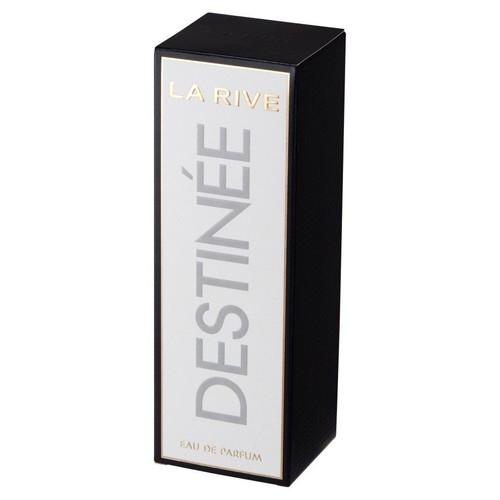 Pionowe, czarne pudełko wody perfumowanej La Rive Destinée z biało-srebrną etykietą.