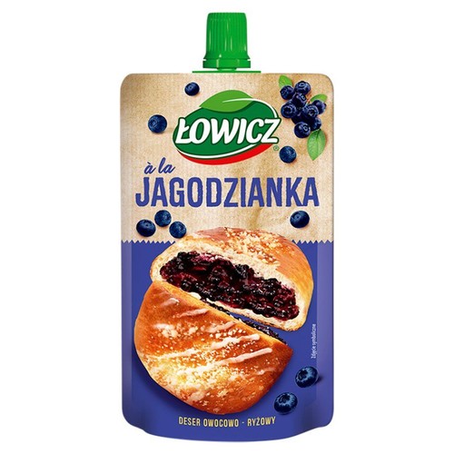 Deser owocowo-ryżowy Łowicz à la Jagodzianka w saszetce z zieloną zakrętką. Na opakowaniu grafika jagodzianki.