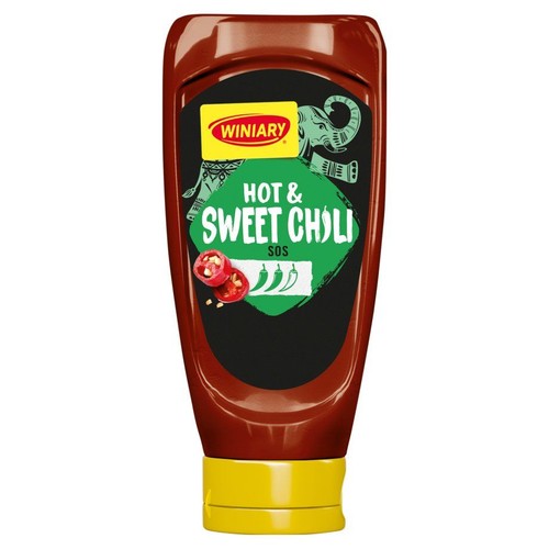 Ciemnoczerwona butelka sosu Winiary Ostry i Słodki Sos Chili z żółtą nakrętką. Na etykiecie grafika słonia i papryczek chili.