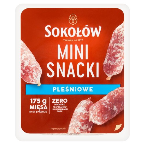 Opakowanie Sokołów Mini Snack Pleśniowe, 175 g. Czerwone tło, białe napisy, widoczne kiełbaski.