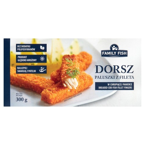 Paluszki z fileta dorsza Family Fish, 300g. Mrożone, w panierce. Na opakowaniu zdjęcie gotowych paluszków.