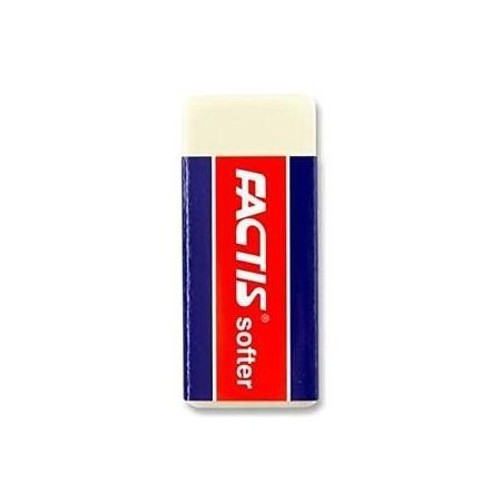 Prostokątna gumka do mazania Factis Softer. Ma białą górną część i niebieską osłonkę z czerwonym pionowym paskiem. Na pasku widnieje biały napis "FACTIS softer". Produkt jest gotowy do użycia.