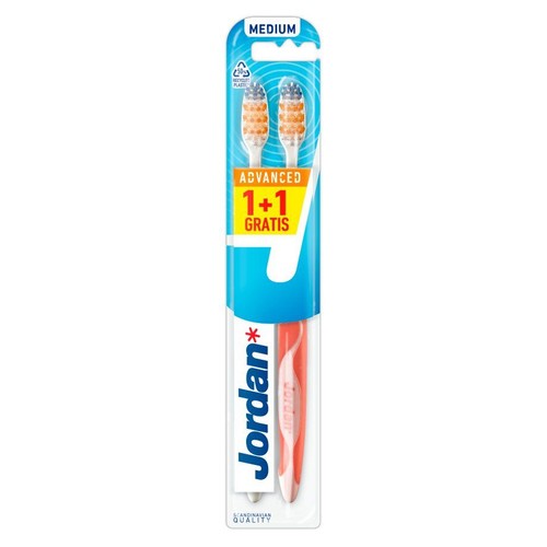 Zestaw 2 szczoteczek Jordan Advanced Medium. Pomarańczowo-biała rączka, szaro-pomarańczowe włosie. Jakość skandynawska.