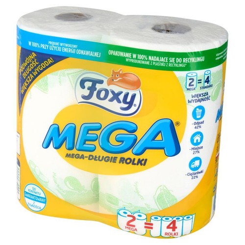 Foxy Mega papier toaletowy, 2 mega rolki. Podwójna długość dla większej wygody. Opakowanie z recyklingu.