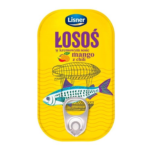 Żółta puszka Lisner Łosoś w kremowym sosie mango z chili. Na opakowaniu grafika ryby.