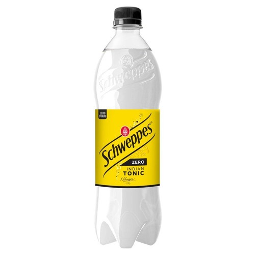 Przezroczysta butelka napoju Schweppes Zero Indian Tonic 1.25 L. Etykieta jest żółta z czarnym napisem "Schweppes".