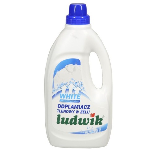 Odplamiacz Ludwik White do tkanin białych, w białej butelce z uchwytem i niebieską zakrętką.
