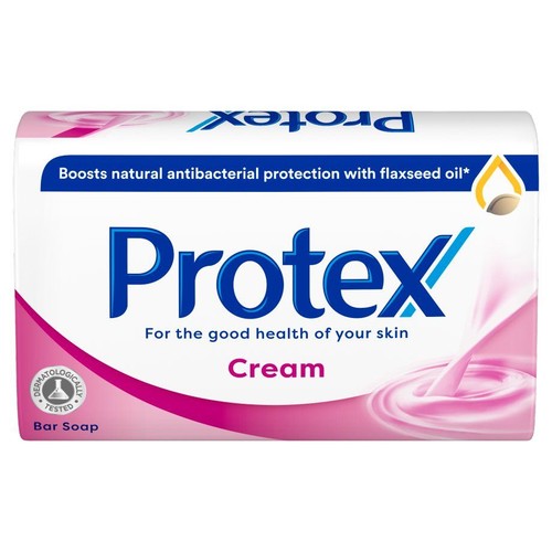 Protex mydło w kostce Cream. Wzmacnia naturalną ochronę antybakteryjną z olejem lnianym. Testowane dermatologicznie.