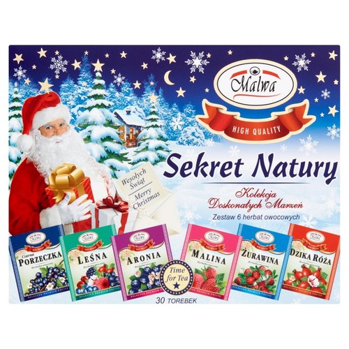 Świąteczne opakowanie herbaty Malwa Sekret Natury z Mikołajem i zimowym krajobrazem. Zawiera 30 torebek 6 smaków owocowych.