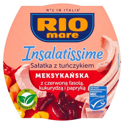 Opakowanie sałatki z tuńczykiem Rio Mare Insalatissime, wariant Meksykański. Na wieczku grafika składników: tuńczyk, fasola, kukurydza, papryka. Produkt bez konserwantów, z certyfikatem MSC.  