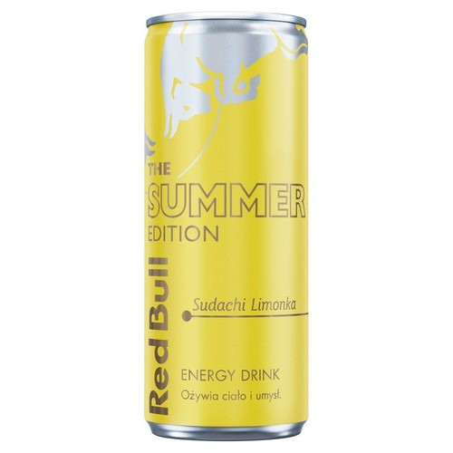 Żółta puszka Red Bull The Summer Edition Sudachi Limonka. Napój energetyczny.