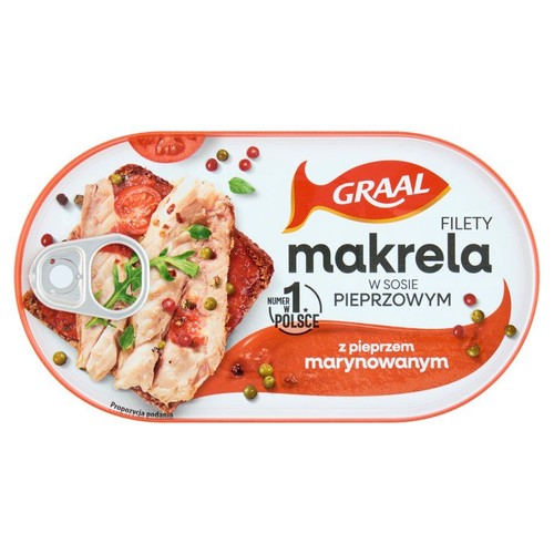 Filety makreli Graal w sosie pieprzowym, z marynowanym pieprzem. Opakowanie 170 g. Na etykiecie grafika ryby z dodatkami.