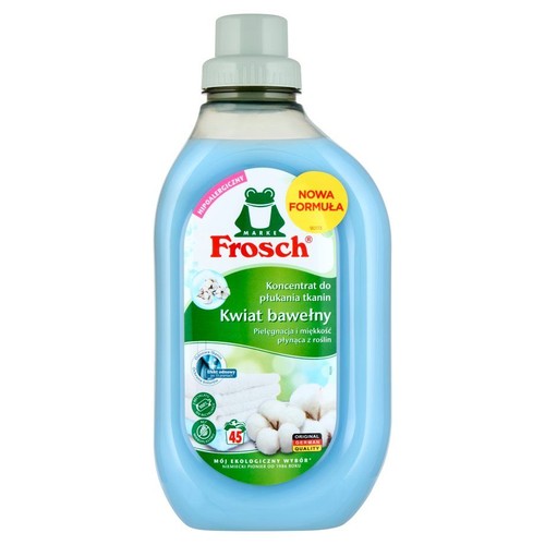 Frosch koncentrat do płukania tkanin Kwiat bawełny, hipoalergiczny. Butelka z niebieskim płynem i zieloną nakrętką.