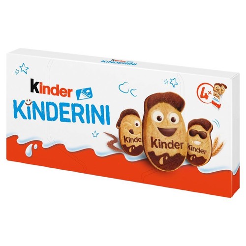 Opakowanie Kinder Kinderini z grafiką trzech ciastek-postaci. Białe tło z niebieskim napisem i czerwonym dołem. Wskazanie 4x.