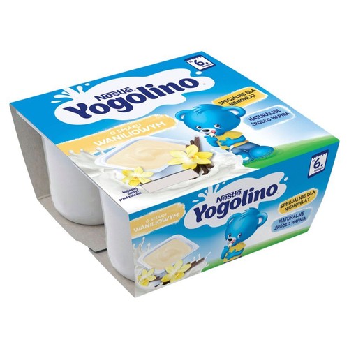 Opakowanie 4 kubeczków Nestle Yogolino o smaku waniliowym, specjalnie dla niemowląt. Na opakowaniu miś i wanilia.