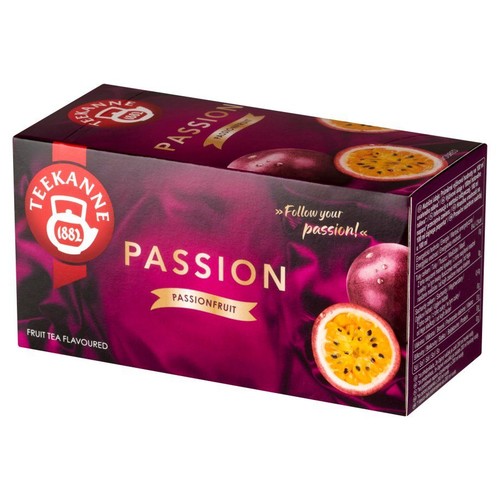 Pudełko herbaty owocowej Teekanne Passionfruit. Fioletowe tło z grafiką marakui i logo Teekanne 1882.
