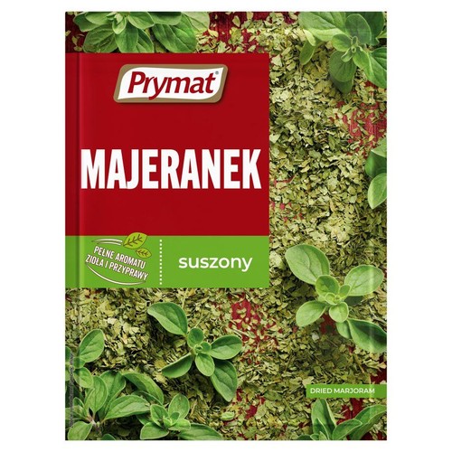 Przyprawa Prymat Majeranek suszony. Na opakowaniu grafika świeżych i suszonych liści majeranku.