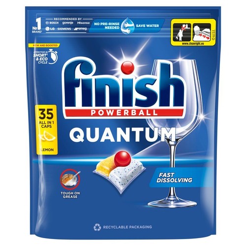 Opakowanie Finish Quantum Lemon, 35 kapsułek do zmywarki. Skuteczne w krótkim cyklu, szybko się rozpuszczają.