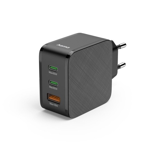 Ładowarka Hama, czarna, z trzema portami: dwoma USB-C (Max 65W) i jednym USB-A (Max 18W). Posiada wtyczkę europejską.