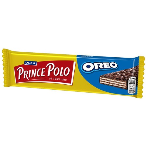 Batonik waflowy Prince Polo Oreo w podłużnym, żółto-niebieskim opakowaniu. Na żółtej części logo "Olza Prince Polo od 1955 roku". Na niebieskiej części logo "Oreo" i grafika przekroju wafelka z kremem i polewą czekoladową.