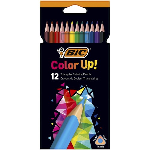 BIC Color Up! 12 trójkątnych kredek do kolorowania w czarnym opakowaniu z kolorowym wzorem.
