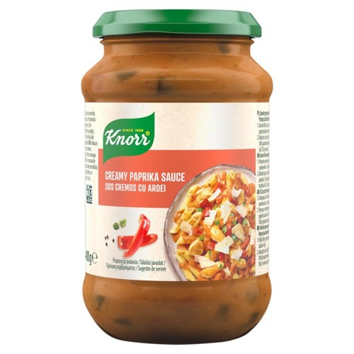 Słoik sosu Knorr Creamy Paprika Sauce o wadze 400g z zieloną zakrętką. Na etykiecie logo Knorr i nazwa produktu.