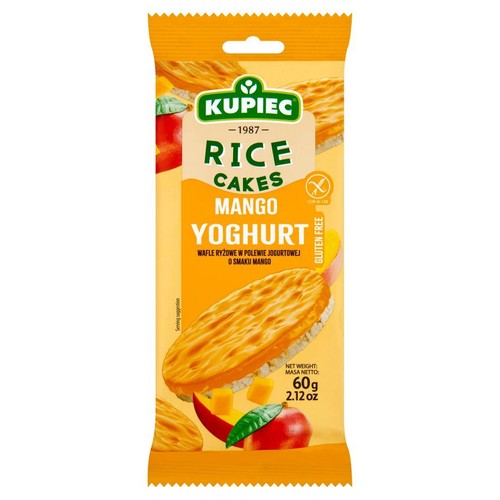 Pomarańczowe opakowanie wafli ryżowych Kupiec Mango Jogurt, 60g. Produkt bezglutenowy. Na opakowaniu grafika wafli z polewą i kawałkami mango.