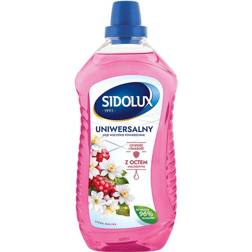 Różowa butelka Sidolux Uniwersalny z etykietą przedstawiającą maliny i kwiaty. Płyn do czyszczenia wszystkich powierzchni z octem malinowym.