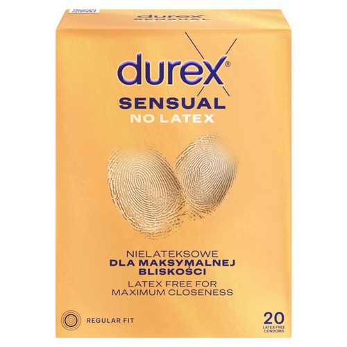 Złote opakowanie Durex Sensual No Latex, 20 prezerwatyw. Nielateksowe dla maksymalnej bliskości.