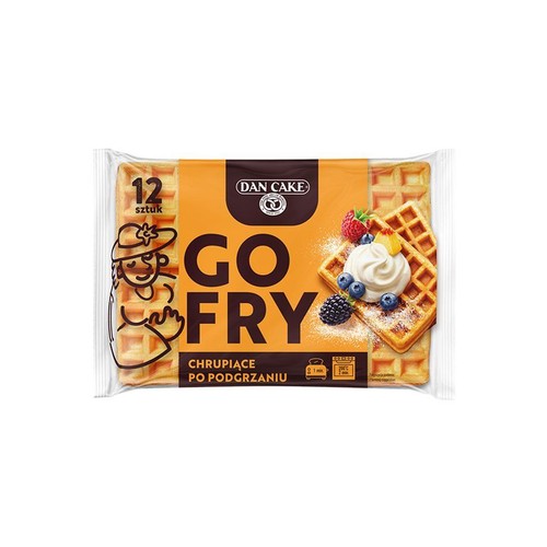 Opakowanie wafli Dan Cake Gofry, 12 sztuk. Na brązowej etykiecie znajduje się duży napis "GOFRY" oraz obrazek dwóch wafli udekorowanych bitą śmietaną i świeżymi owocami. Produkt jest chrupiący po podgrzaniu.