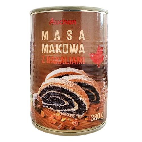 Puszka masy makowej Auchan z bakaliami, 380 g. Na etykiecie grafika kawałków makowca i suszonych owoców.