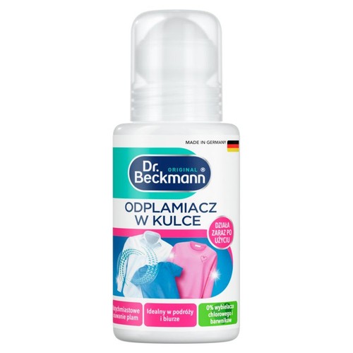 Roll-on odplamiacz Dr. Beckmann, idealny w podróży. Biała butelka z etykietą przedstawiającą czyste ubrania.