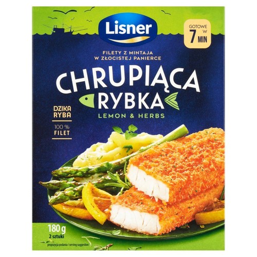 Opakowanie Lisner Chrupiąca Rybka Lemon & Herbs. Filety z dzikiego mintaja w złocistej panierce, 100% filet. Produkt gotowy w 7 minut. Na opakowaniu widoczna propozycja podania: dwa filety z ziemniakami, szparagami i cytryną. Waga 180g, 2 sztuki.