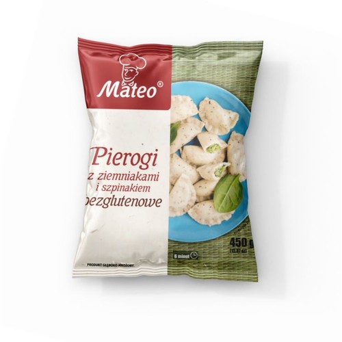 Opakowanie pierogów Mateo z ziemniakami i szpinakiem, bezglutenowe. Na opakowaniu grafika pierogów na niebieskim talerzu. 450g.