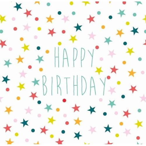 Kartka urodzinowa z jasnoniebieskim napisem "HAPPY BIRTHDAY". Tło zdobią kolorowe gwiazdki i kropki.