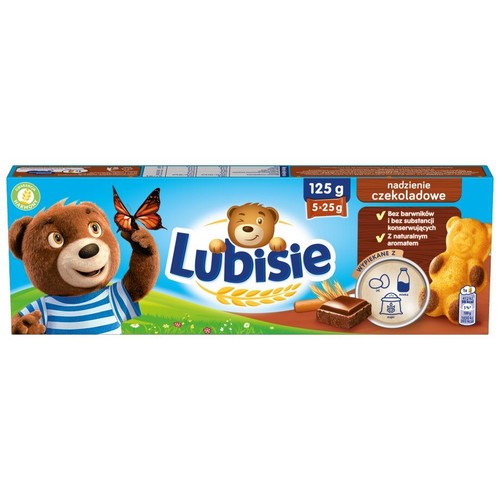 Lubisie, biszkopty w kształcie misia z nadzieniem czekoladowym, 5 sztuk po 25g. Bez barwników i konserwantów.