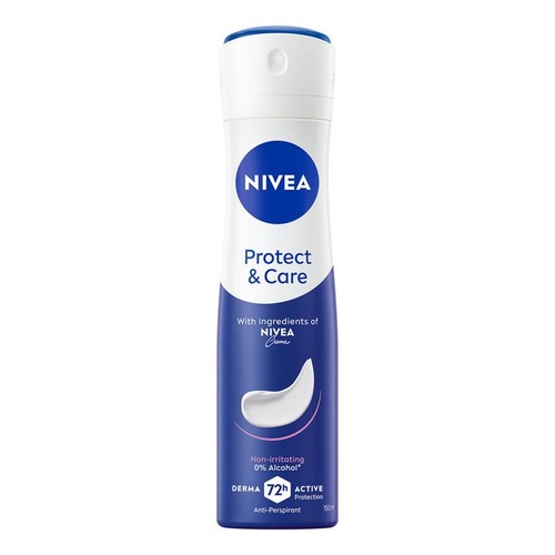 Cylindryczny antyperspirant NIVEA Protect & Care w biało-niebieskiej puszce, 150 ml. Z napisem "72h Active Protection".