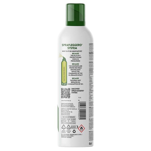 Biała butelka sprayu SPRAYLEGGERO SYSTEM 400 ml, widoczna od tyłu. Na etykiecie znajduje się kod kreskowy oraz szczegółowy opis technologii "SACCA CON OLIO" (worek z olejem), która zapewnia ochronę zawartości i zmniejsza zużycie oleju.