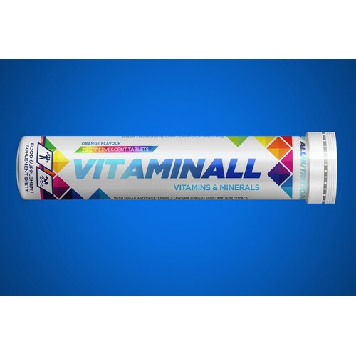 Biała, cylindryczna tuba suplementu diety Vitaminall, zawierająca 20 tabletek musujących o smaku pomarańczowym. Etykieta z kolorowym, geometrycznym wzorem i napisem "Vitamins & Minerals". Produkt zawiera cukier i substancje słodzące.