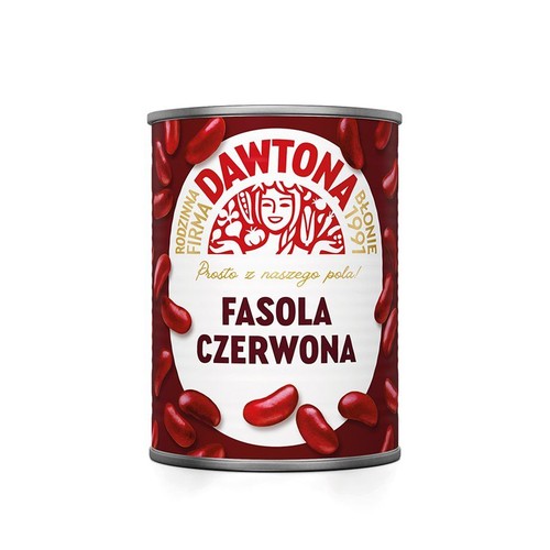 Czerwona puszka fasoli Dawtona z białym napisem "Fasola Czerwona". Na etykiecie logo firmy i ilustracje czerwonych fasolek.