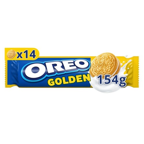 Żółto-niebieskie opakowanie Oreo Golden, 14 ciastek, 154g. Widoczne ciastko Oreo z kremem i mlekiem.